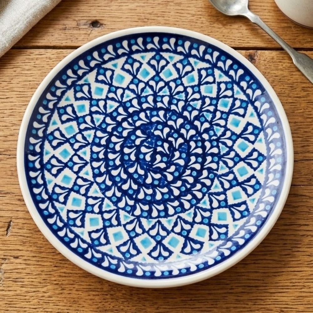 Boleslawiec Polish Pottery Dessert Plate Hand Made in Poland Blue Peacock 7.5"